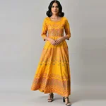 W Printed A Line Kurta - Mustard Colour